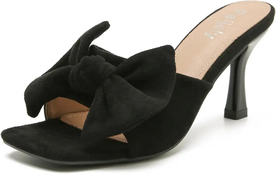 Women's Bow Mules, Square Open Toe Sandals with 2.95 Inch Heel, Slip-On Summer Slides