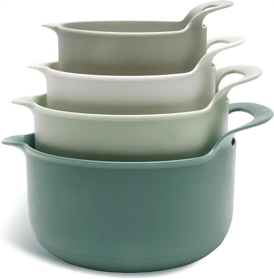 COOK WITH COLOR Nesting Plastic Mixing Bowl Set with Pour Spouts and Handles, Sage, 4 Piece Non-Slip