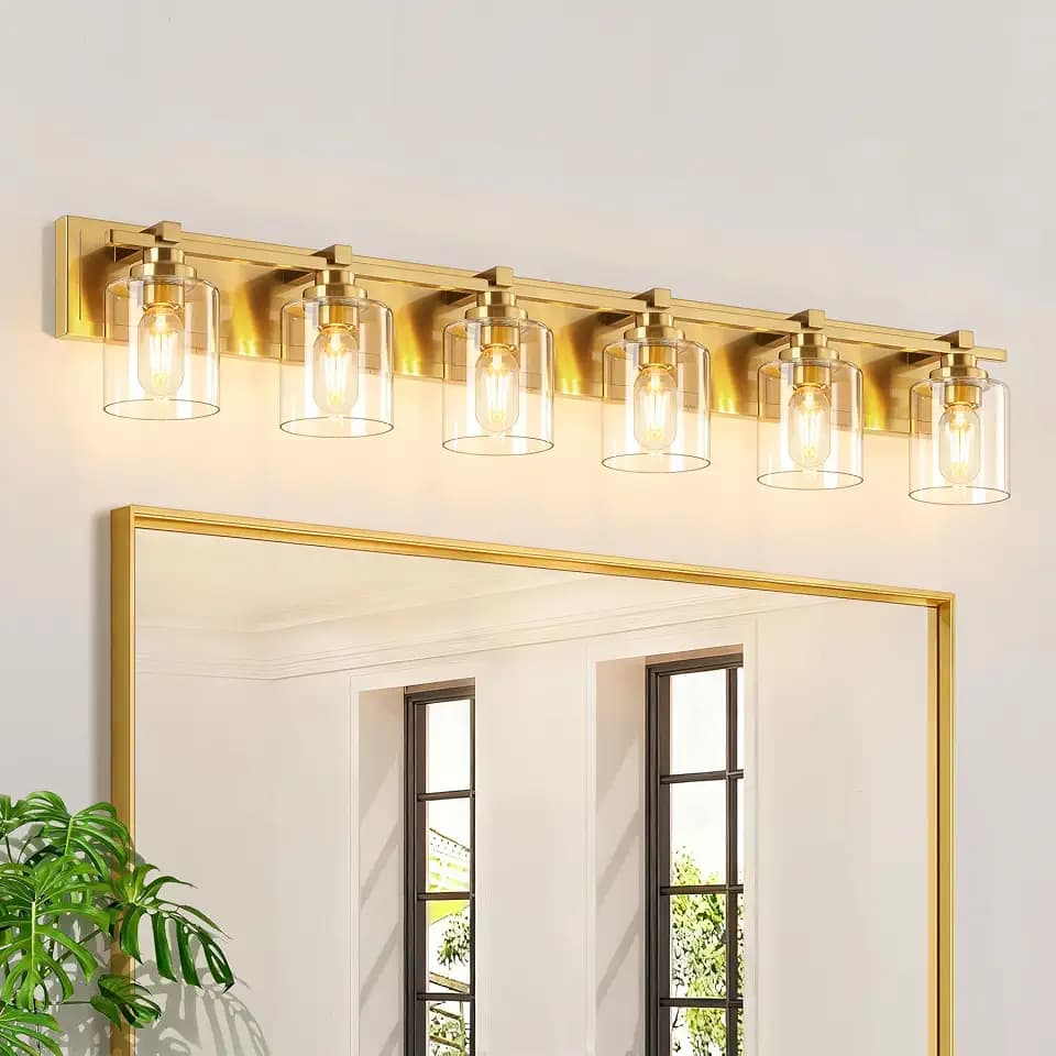 Modern Bathroom Light Fixtures Over Mirror, Vanity Lights for Bathroom Wall Sconces with Clear Glass Shades, E26 Socket (Bulbs Not Included), 6 Light, Brass