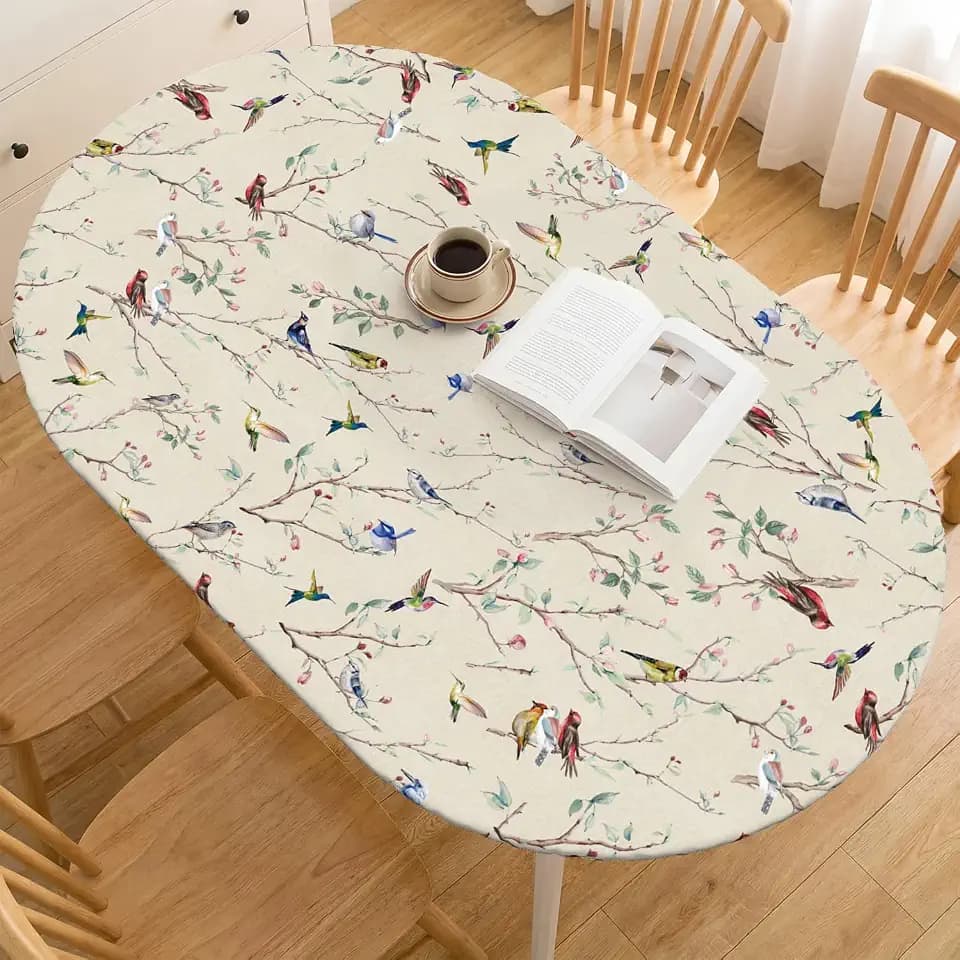 Horaldaily Spring Fitted Tablecloth for 64x44 Inch Oval, Birds Branch Beige