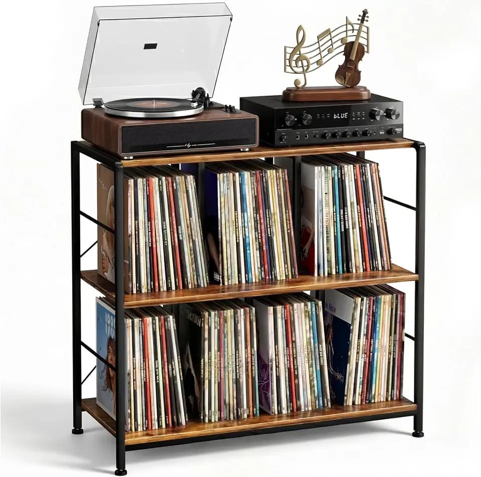 Faesun 31.5 Inch Mid Record Player Stand with Vinyl Storage,RusticBrown