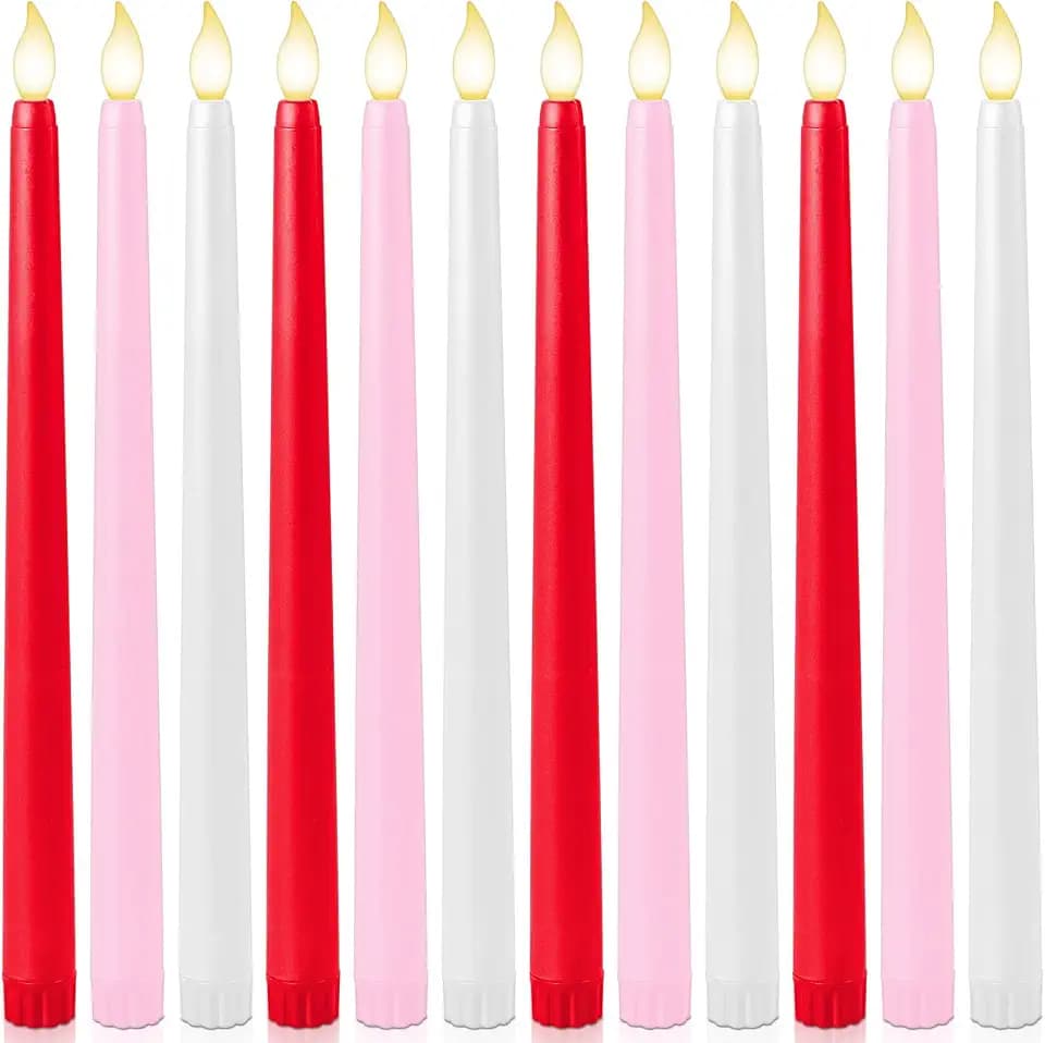 Baquler 12 Pcs 11''Valentines Day Flameless Taper Candle LED Pink Red White Battery Operated Candlestick Plastic Flickering Gift for Romantic Night Anniversary Proposal Wedding Table Centerpiece Decor