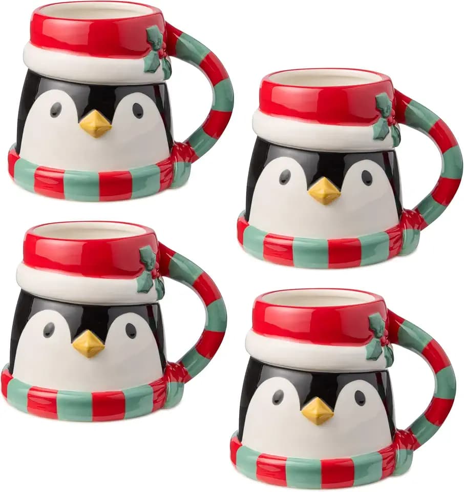 Christmas Whimsy 3D Penguin Mugs – Set of 4 18oz Ceramic Holiday Cocoa & Coffee Mugs with Sculpted Penguin Shape, Printed Winter Designs, Fun Giftable Drinkware for Christmas & Winter Entertaining