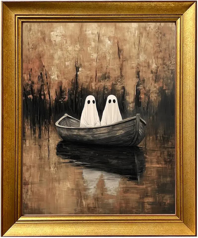 Vintage Gold Framed Halloween Decor Indoor Whimsical Ghosts in Canoe Canvas Wall Art Ghost Wall Art for Living Room