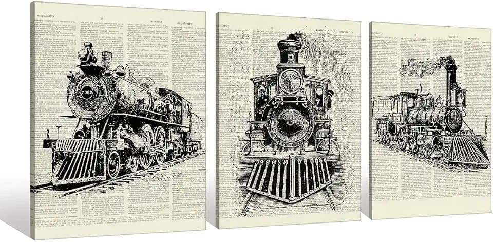Vintage Steam Train Locomotive Transport Railroad Railway Trip Dictionary Art Canvas Art Prints Artwork Signs Framed for Home Bedroom Living Room Office Decor,11x14 inch Set of 3,Train Lovers Gift