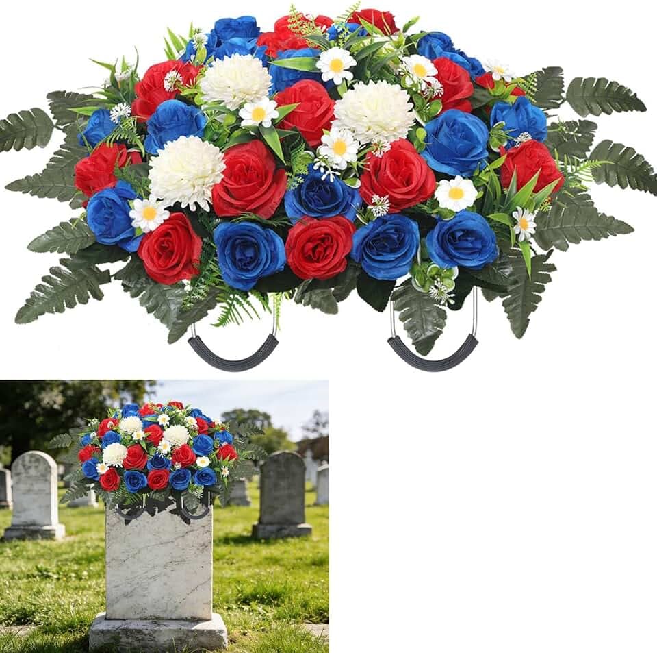 Wocst Headstone Flower Saddle,Large Artificial Cemetery Flowers for Grave Roses & Chrysanthemums Cemetery Memorial Flowers for Outdoor Grave Decorations (Red)