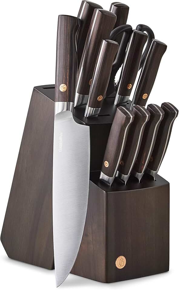 GreenPan Elite 13 Piece Wooden Knife Block Set, Professional Stainless Steel Blades with Titanium Coating, Ultra-Sharp Kitchen Cutlery, Chef, Santoku, Bread & Steak Knives, Ergonomic Brown Wood Handle