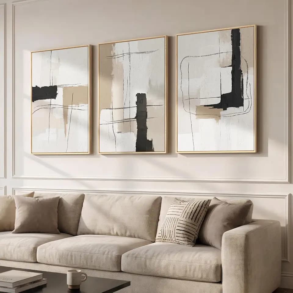 Large Framed Neutral Abstract Wall Art for Living Room, Set of 3 24x36 In
