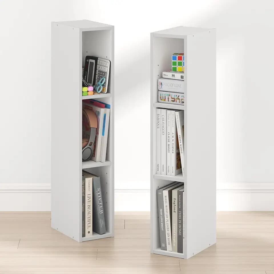 Furinno Fulda Book Shelf Set of 2, 3-Tier Narrow Bookshelf, 6" W, White