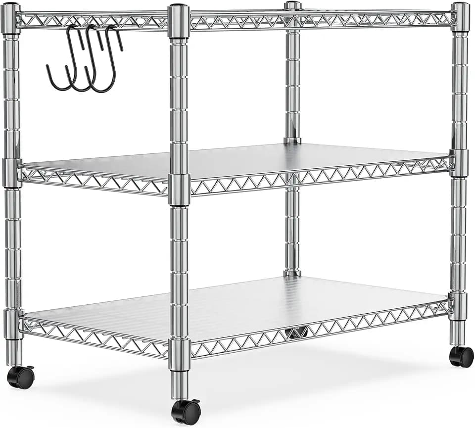 Heavy Duty 3-Shelf Shelving Unit, 24.02" W x 13.78" D x 21.97" H Chrome Steel Storage Rack with Wheels, 2 PP Shelf Liners and Hooks, Adjustable Under Desk Organizer for Kitchen, Office, Garage