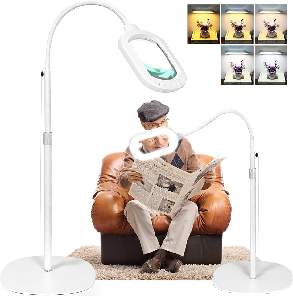 Large Magnifying Glass with Light and Stand, 15X Rectangle Optical Real Glass Lens, Height Adjustable Gooseneck Magnifier Floor Lamp, 5 Color Modes LED Dimmable Lighted Hands Free for Crafts - White
