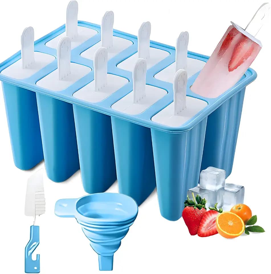 Silicone Popsicle Molds 10 Pcs Ice Pop Maker Molds with 10 Reusable Sticks, Cleaning Brush and Funnel - Homemade Easy-Release Reusable Popsicle Moulds Shapes (Blue)