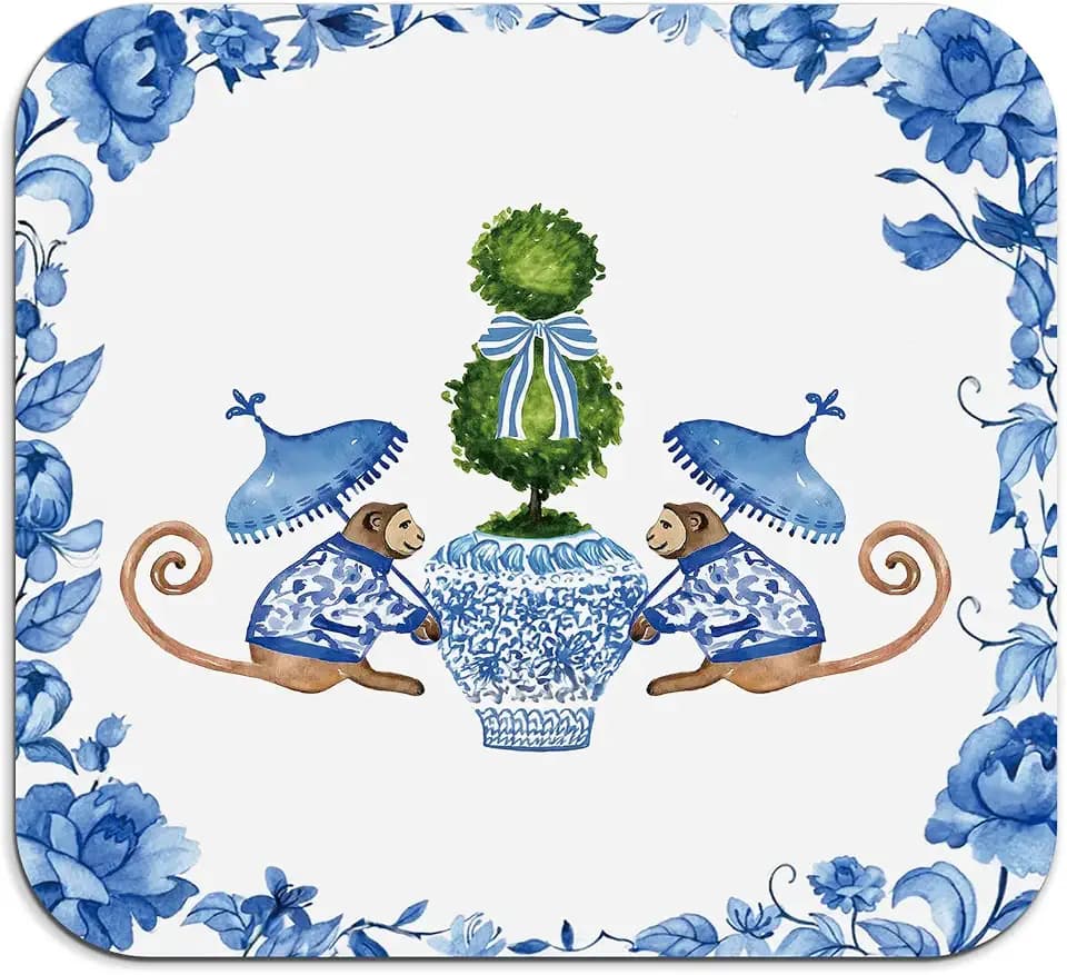 Chinoiserie Dish Drying Mat - Blue And White Porcelain Dish Drying Mat,Chinoiserie Monkey Drying Mat For Kitchen Counter,Coffee Bar Mat,Vintage Chinoiserie Drying Mat,16x17.5 Inch