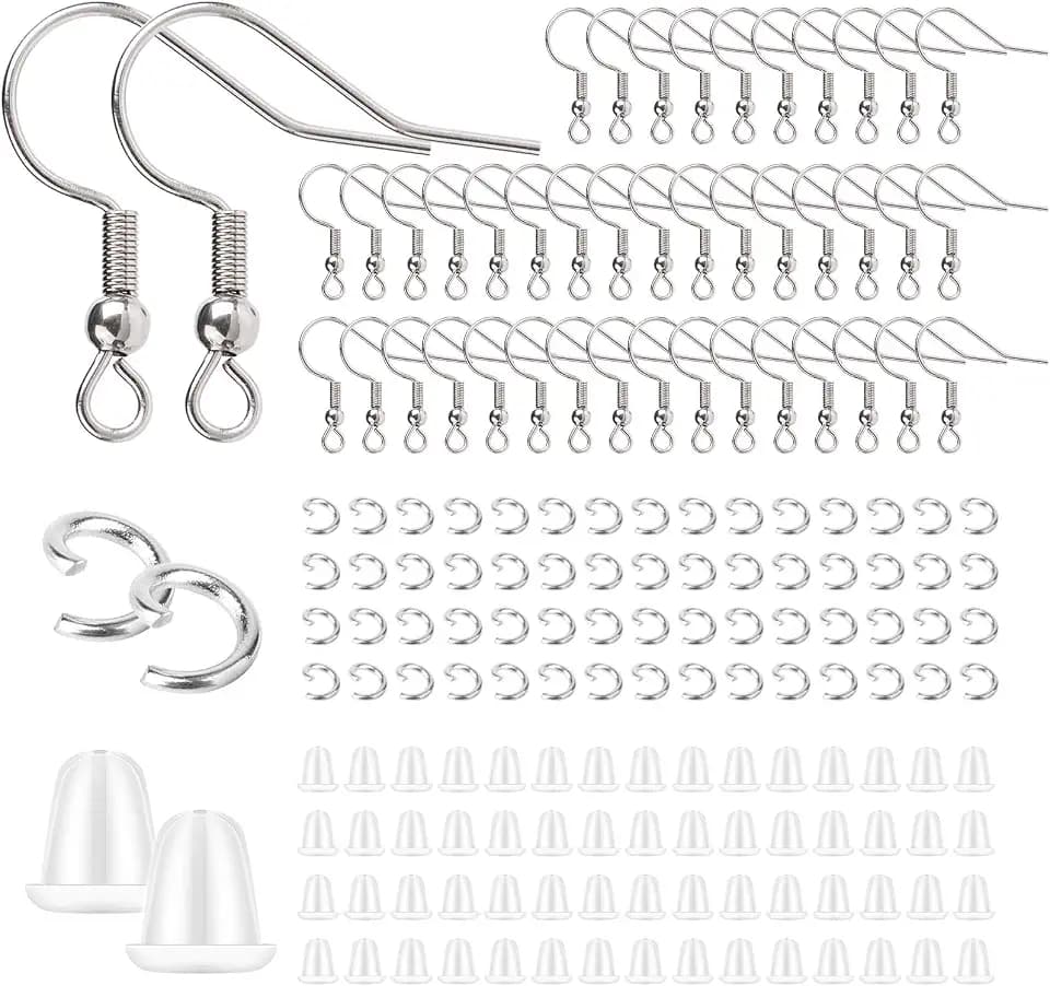 Stainless Steel Earring Hooks French Ear Wire, 600pcs Earring Making Findings Parts Jewels DIY Supplies Kits, with Silicone Earring Backs Stoppers & Open Jump Ring