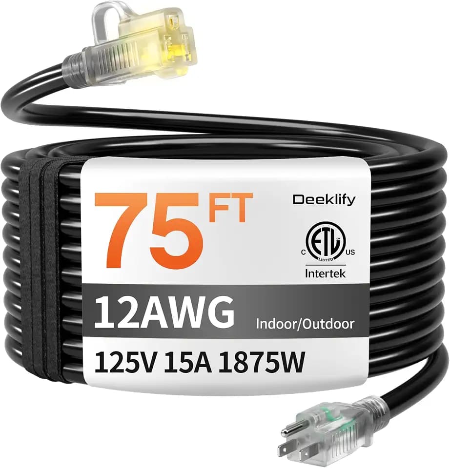 12 Gauge 75 FT Heavy Duty Outdoor Extension Cord Waterproof Black