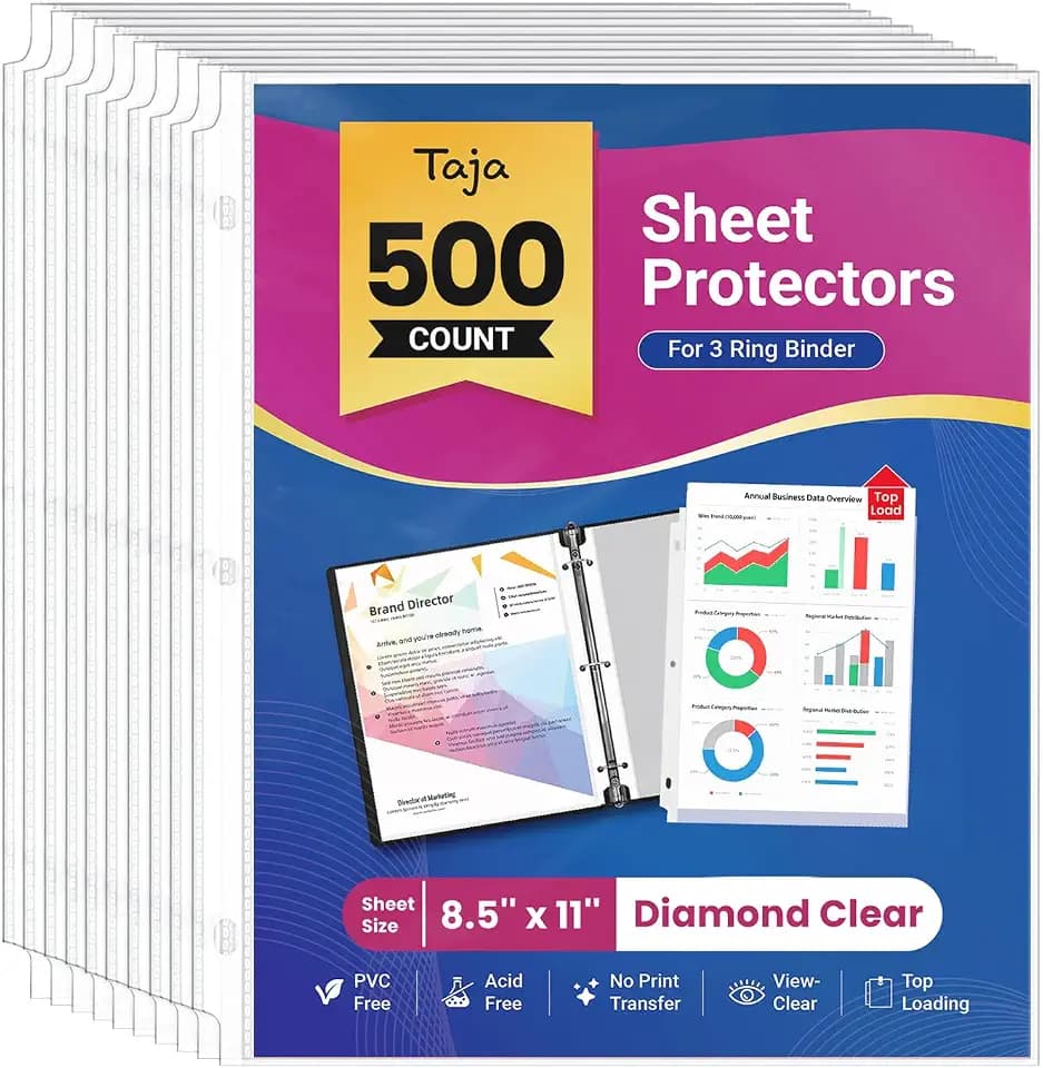 Taja Sheet Protectors for 3 Ring Binder, Clear Page Protector, 500 Pack