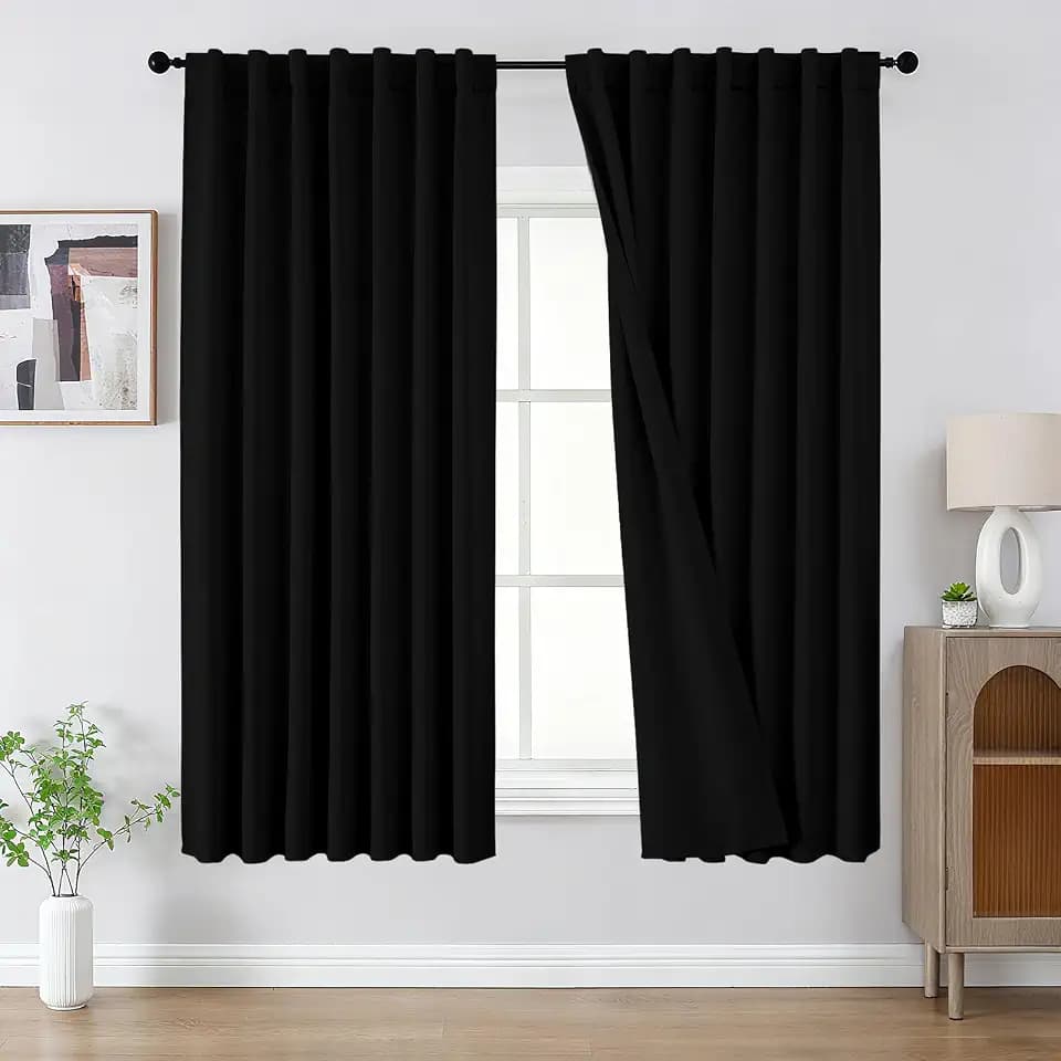 CUCRAF Blackout Curtains 54 Inches Length 2 Panels Set, Black Rod Pocket and Back Tab Window Curtain, Thermal Insulated Darkening Drapes for Bedroom Living Room (W52 x L54 Inch)