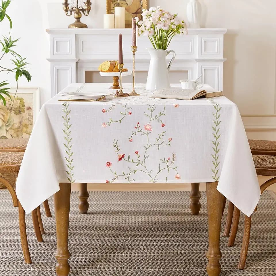 Linen Style Embroidered Tablecloth 55"x102" Rectangle Green