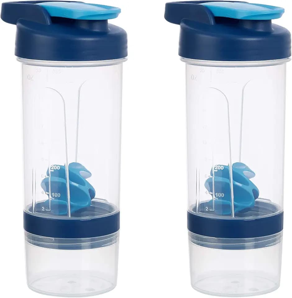 Amazon Basics Leak Proof Protein Shaker Bottle with Mixer Ball and Compartments, Portable, Dishwasher Safe, 20 oz, Blue, 2-Pack