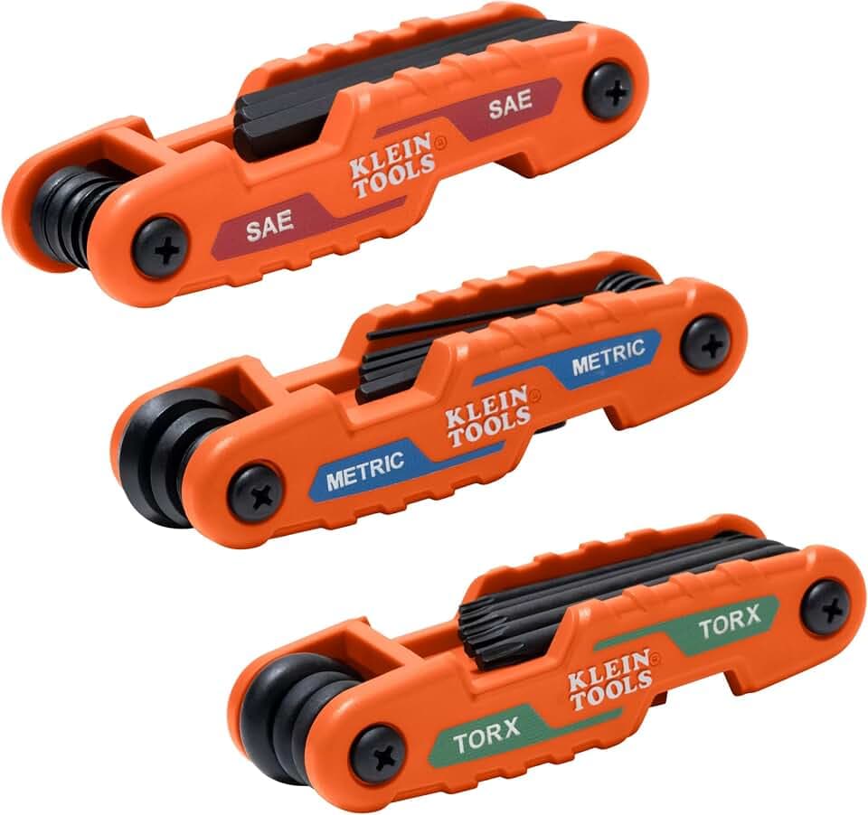 Klein Tools 70543 3-Piece Compact Folding Hex Key Set, Metric, SAE, Torx Sizes, 25 Keys, Industrial Strength Heat Treated Alloy Steel