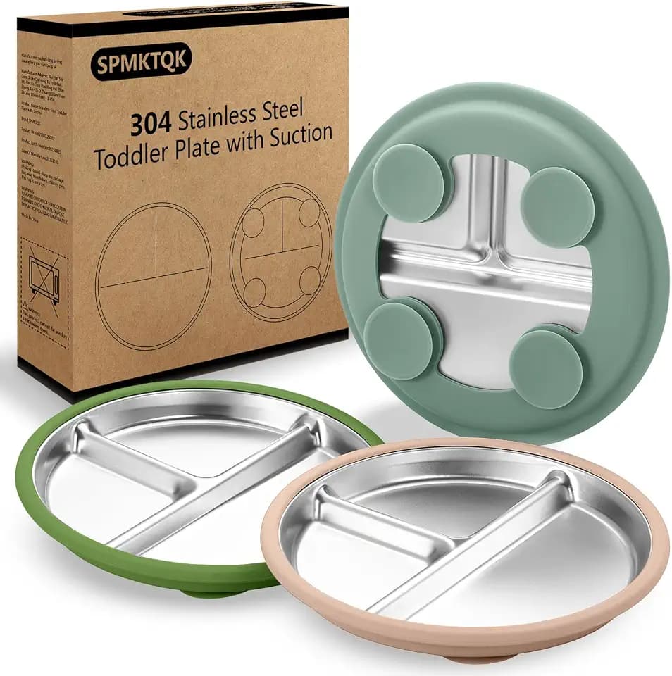 SPMKTQK 3 Pack Stainless Steel Kids Plates, Suction Divided, Baby Feeding