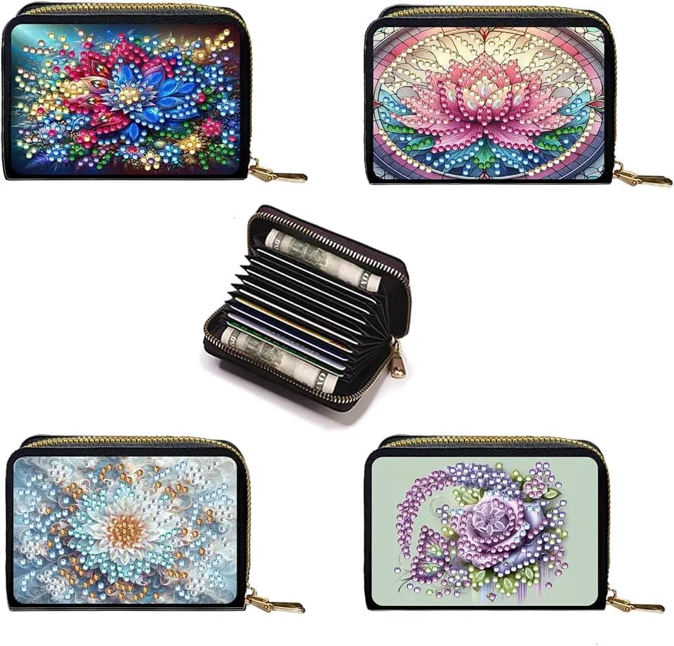 NanBaDa 4pcs Flowers Pattern Diamond Art Painting Minimalist Wallet DIY Rhinestone Painting Art Kit Credits Card Pocket Organizer Storage Bag Handmade Craft Gift for Holidays and Everyday Use