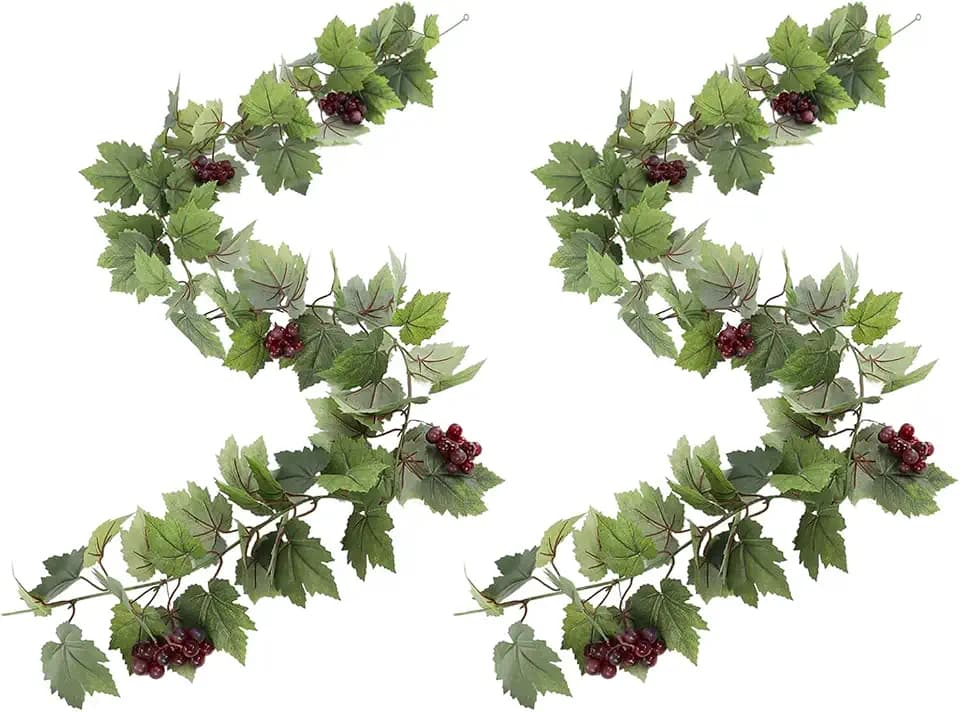 Artificial Grape Vine Leaf Garland Plant with 5 Strings Grapes, 6.5ft Artificial Fake Grape Vines Fake Greenery for Wedding Party Home Indoor Outdoors Decoration(Spring Grape Leaf Garland)