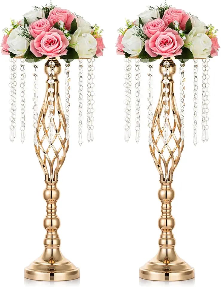 Nuptio 2 Pcs Crystal Flower Stand Wedding Centerpieces for Tables, 21.7in/55cm Tall Elegant Metal Flower Arrangement Stand, Tabletop Metal Flower Vase for Wedding Party Dinner Event Hotel Home Decor