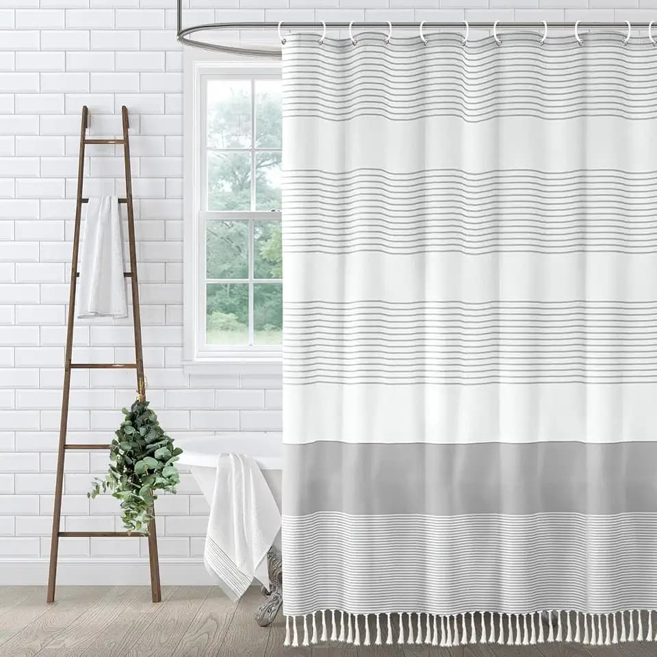 Grey Farmhouse Cotton Striped Shower Curtain with Tassel 72"W X 72"L