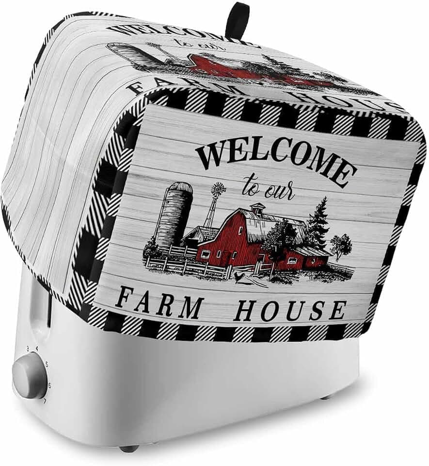 Welcome to Our Farm House 2 Slice Toaster Cover, Small Kitchen Appliance Cover, Black and White Checkered With Loop, Bread Machine Polyester Dust Protection