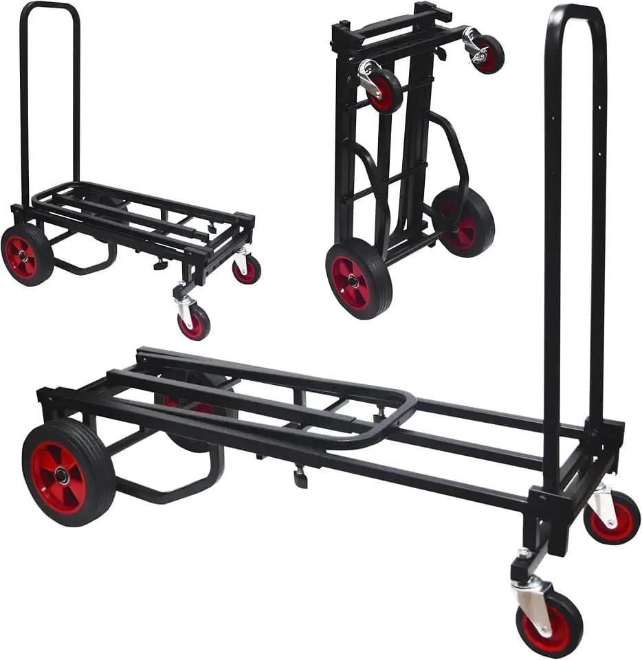 Pyle Compact Folding Adjustable Equipment Cart - Heavy Duty 8-in-1 Convertible Multi-Cart Hand Truck/Dolly/Platform Cart with R-Trac Wheels - Expandable Up to 27.52” to 44.25”