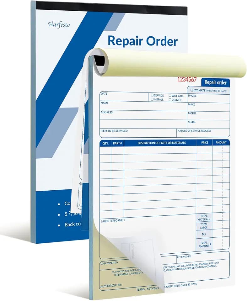 Repair Order Book, 2-Part Carbonless, 5.7x8.25", 100-Set (2 Packs)
