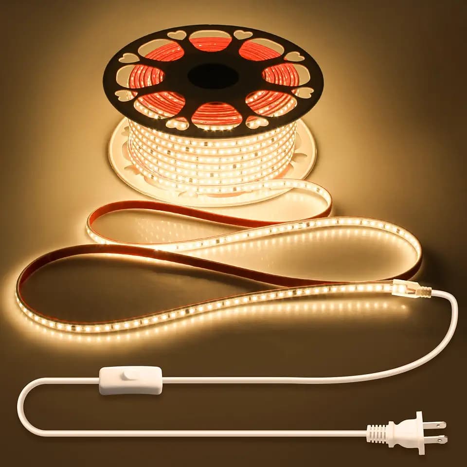 One Roll Outdoor LED Rope Lights Waterproof 150FT AC 110-130V LED Strip Light Warm White 3000K 120 LEDs/M Strong Adhesive Cuttable Flexible LED Tape Lights for Indoor Backyards Decoration 45M