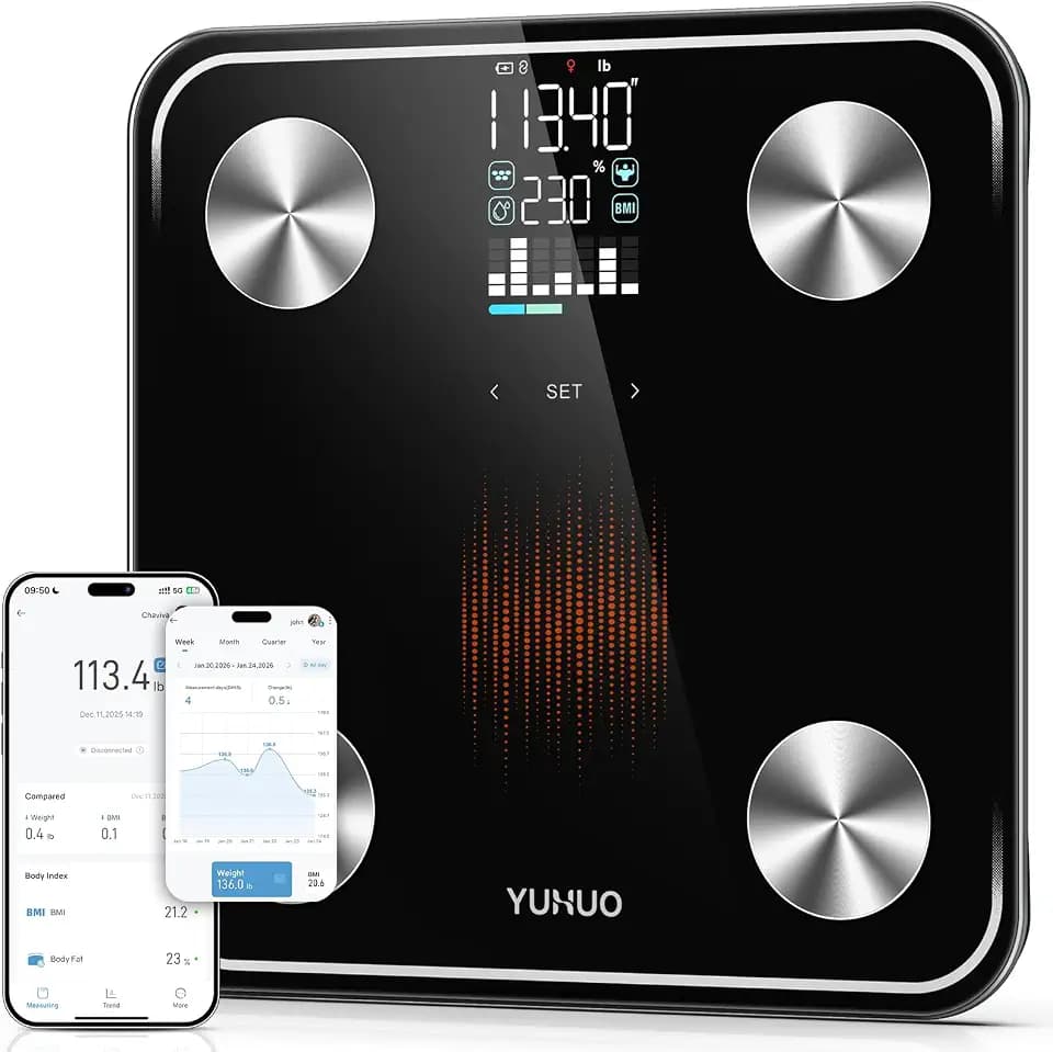 YUHUO Smart Scale for Body Weight and Body Fat, No-Phone Daily Check-Ins with Large LED Display, 4-Electrode Body Composition Scale, BMI Muscle Mass Body Water, 18 Metrics Sync App, 400lb