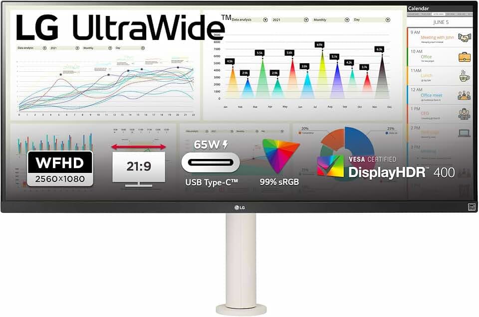 LG Electronics 34WQ68X-W.AEU IPS 21:9 UltraWide Monitor 34 Inches (86.72 cm), FHD 1080p, TFT-LCD Active Matrix with White LED Backlight, Anti-Glare, Weiß