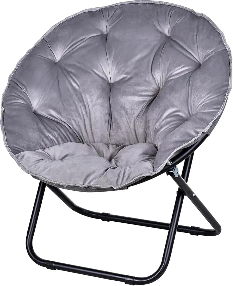VECELO Saucer Chair for Adults, Folding Moon Chair with Metal Frame, Faux Fur for Bedroom, Living Room, Dorm Room, Apartment, Grey