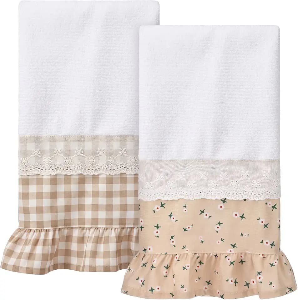 2 Pcs Boho Kitchen Towels with Lace Ruffle Ruffled