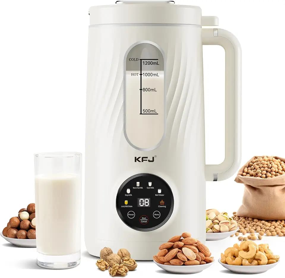 KFJ 8 in 1 Nut Milk Maker Machine, 41oz Homemade Coconut, Soy, Oat, Almond, Plant Based Milks and Non-Dairy Beverages with Delay Start/Boil Water/Self-Cleaning, White