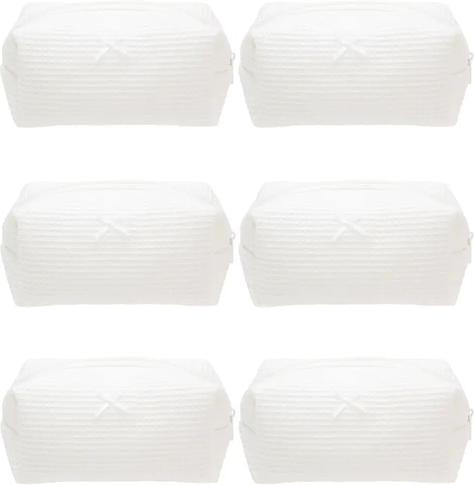 Cozy Makeup Bag for Women,Zipper Cosmetic Pouch,Waffle Cream White,6 Pack