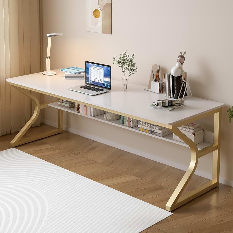 OSCHF 71-Inch Extra Long Desk with Storage Shelf, Gold