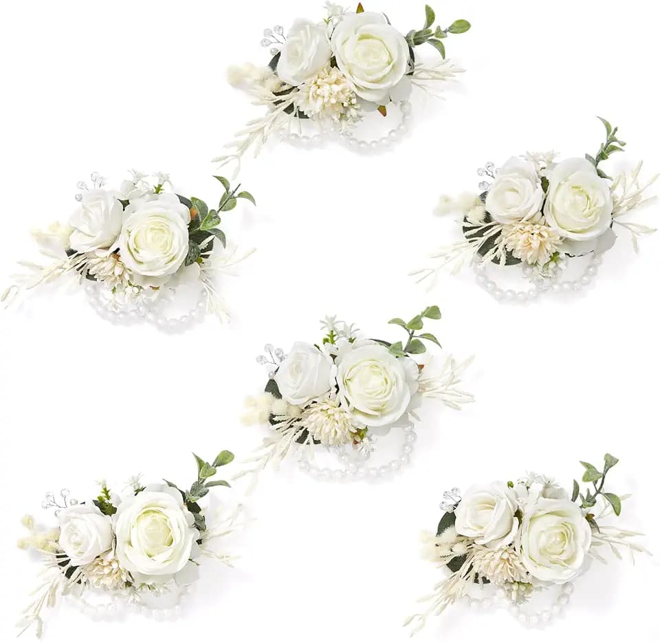 Serwalin 6 Pcs White Rose Wrist Corsage Wristlet for Wedding Prom Party