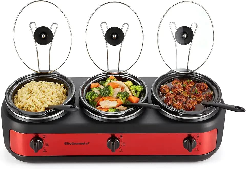 Elite Gourmet EWMST-325R Triple Slow Cooker Buffet Server, 3 x 2.5 Qt, Red