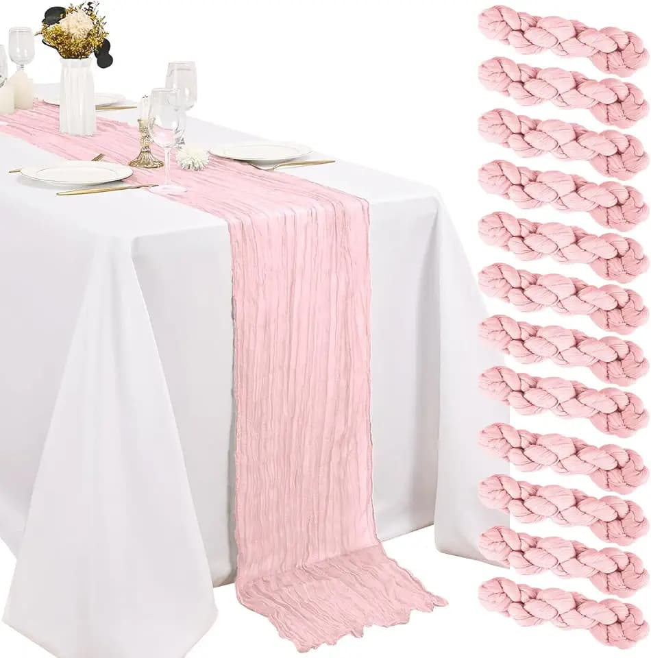 12 Pack Pink Cheesecloth Table Runner 20 x120 Inch - 10FT Boho Rustic Gauze Cheese Cloth Table Runner for Wedding, Anniversary, Baby Shower, Easter, Spring Home Decor