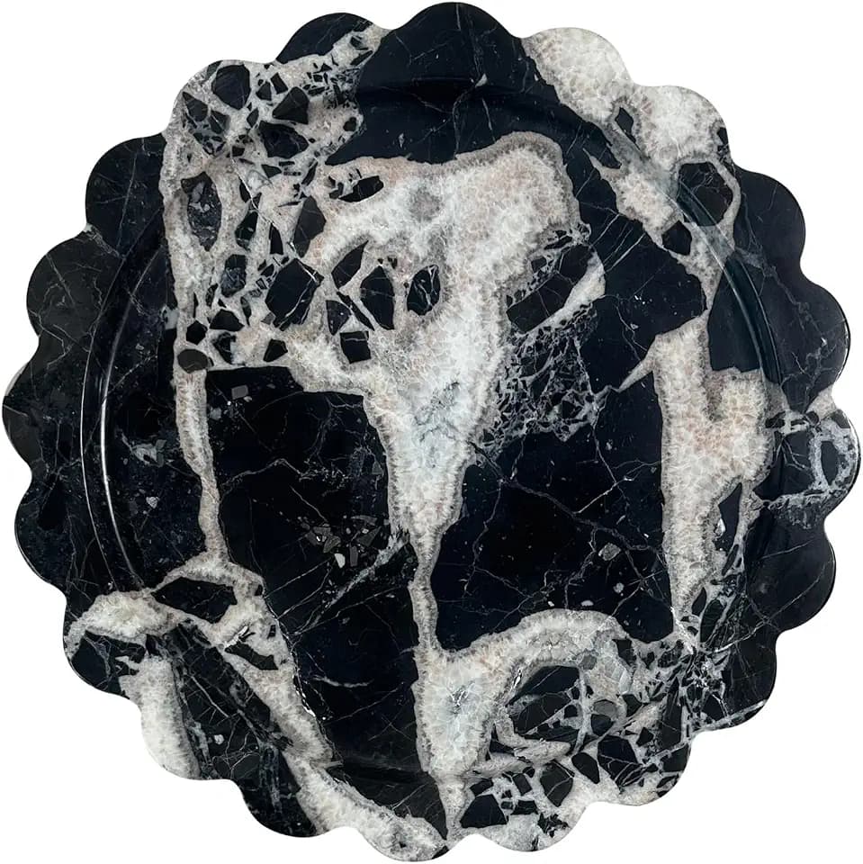 11" Black Marble Round Tray with Scalloped Edge, Decorative Tray