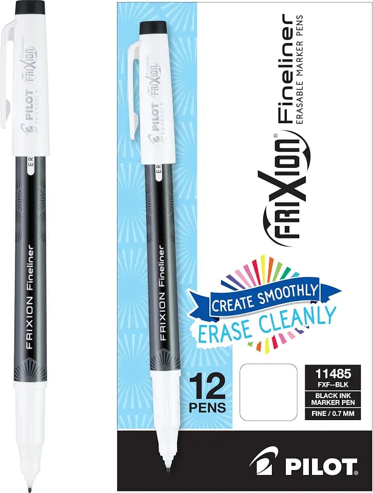 PILOT FriXion Fineliner Erasable Marker Pens, 0.7mm, Black Ink, 12-Pack