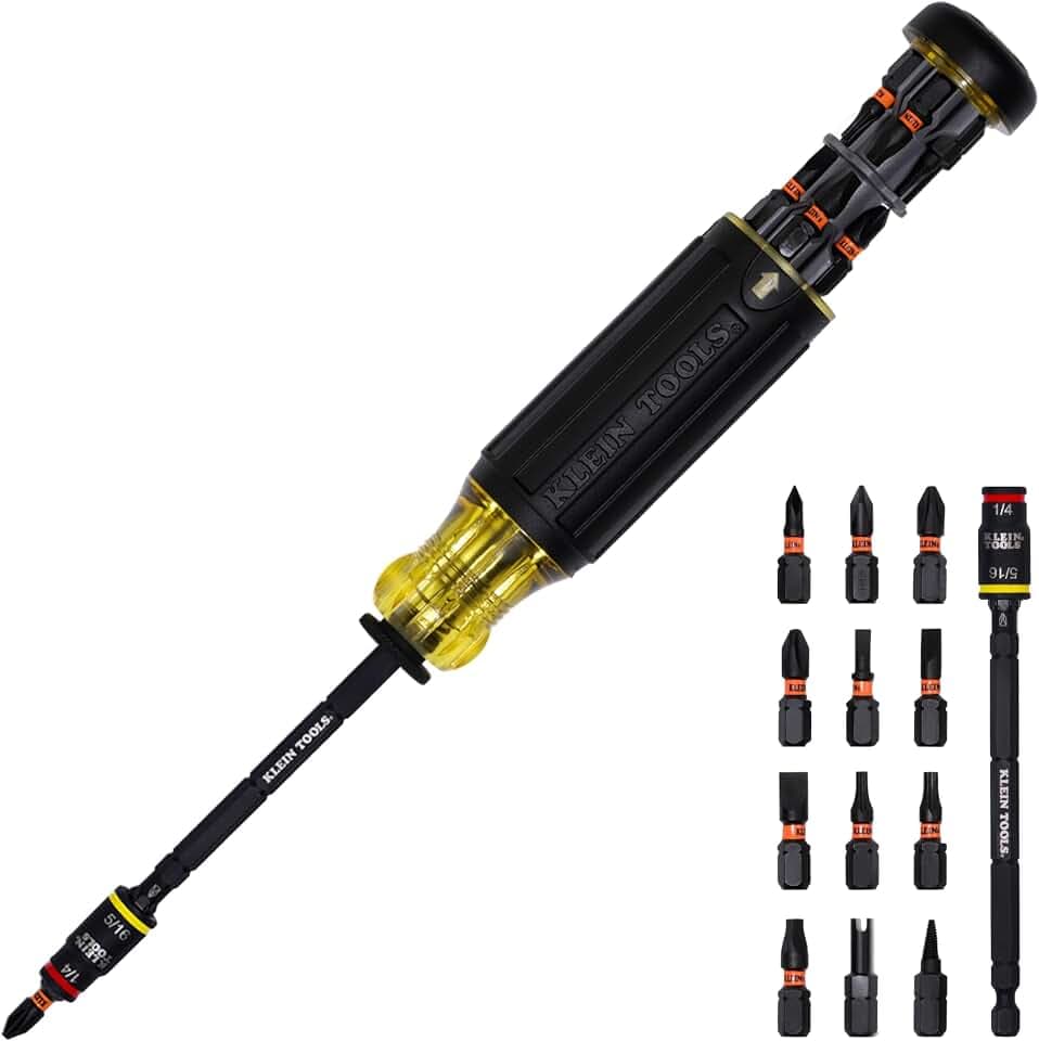 Klein Tools 32304 Screwdriver, 14-in-1 Adjustable Screwdriver with Flip Socket, HVAC Nut Drivers and Bits, Impact Rated
