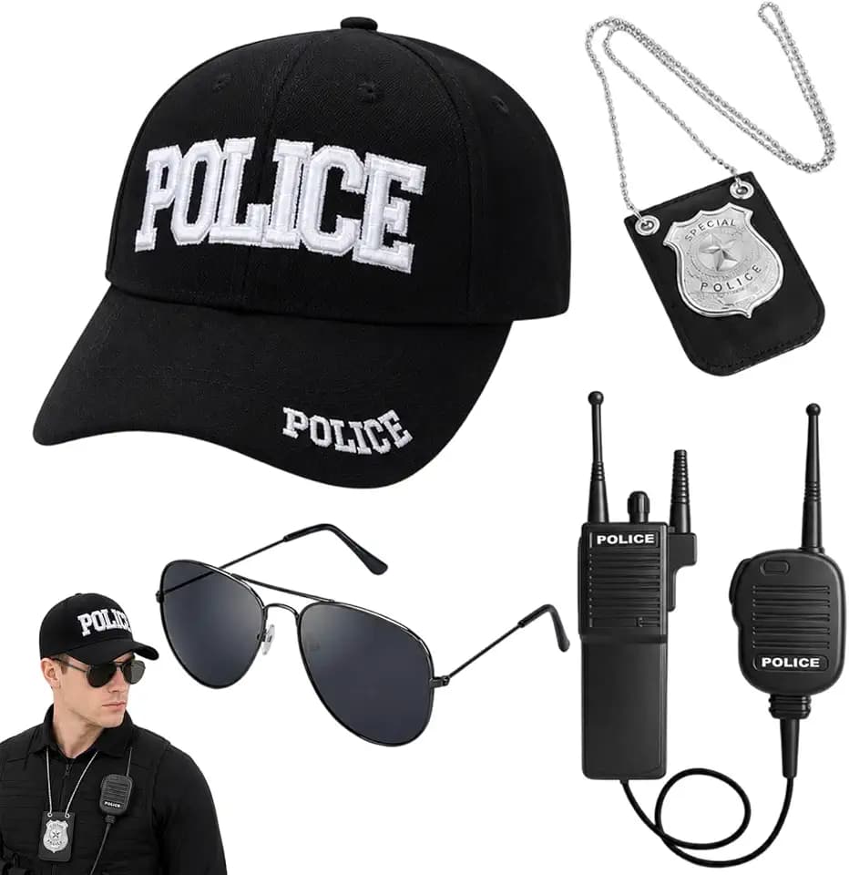 QYANGG 4 Pcs Police Accessories Set, Halloween Police with Police Hat, Walkie Talkie, Leather Style Police Badge for Men Women, Cop Swat Cosplay for Halloween Party