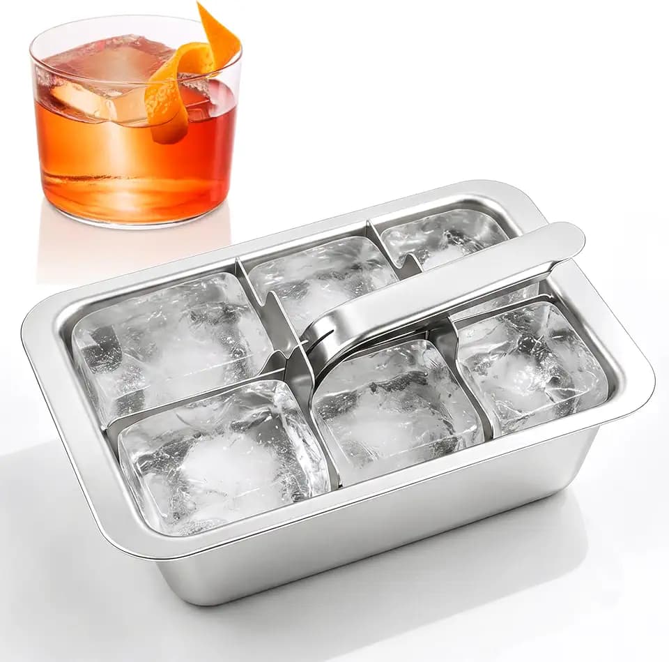 Stainless Steel Ice Cube Tray, Large Ice Cube Trays Mold for Whiskey, Metal Ice Cube Trays for Freezer with Release Lever, Cocktails Whiskey Ice Cubes Mold, Easy Release 6 Large Ice Cubes