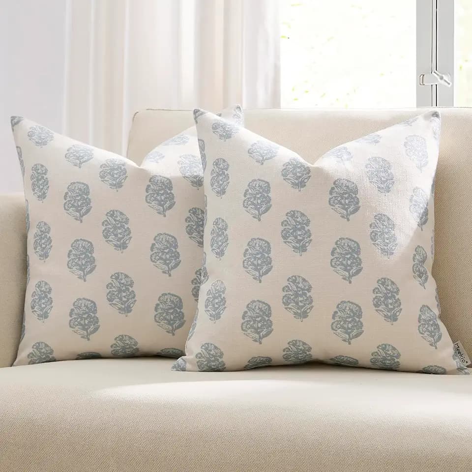 Meekio Floral Block Print Pillow Covers 18x18 Set of 2, Blue and White