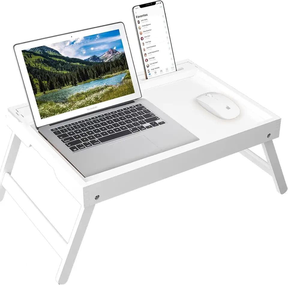 Artmeer X-Large Bamboo Bed Tray with Device Slot and Folding Legs, White